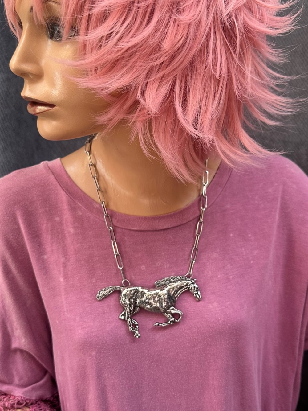 Large Galloping Horse Statement Necklace silver tone